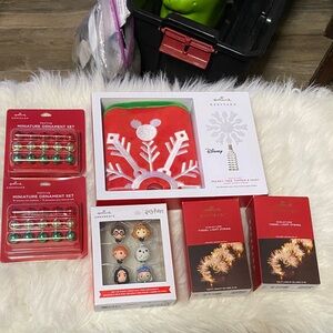 Hallmark mini ornaments, tree topper kit, and lighted tinsel all NIB
